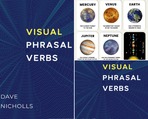Save & Read - Visual Phrasal Verbs: Black-and-white version and ESL vocabulary boosters cover photo collage