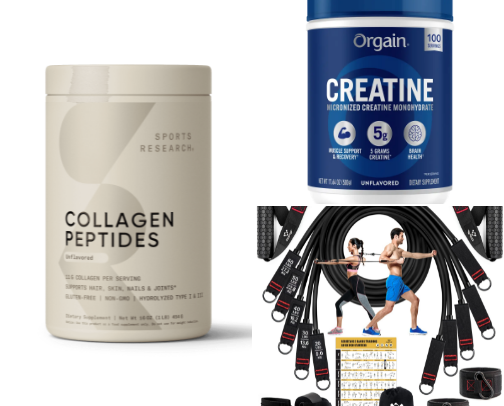 Daily mom supplements and exercise equipment cover photo collage