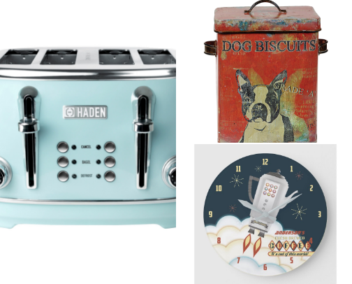 Mid century retro kitschy kitchen appliances, gadgets, and decor cover photo collage