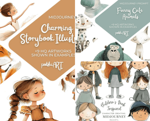 Midjourney Prompts for Charming Storybook Characters cover photo collage