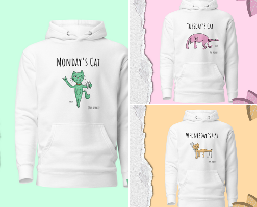Funny and original Cat Themed Unisex Clothes (hoodies, t-shirts, and hats!) cover photo collage