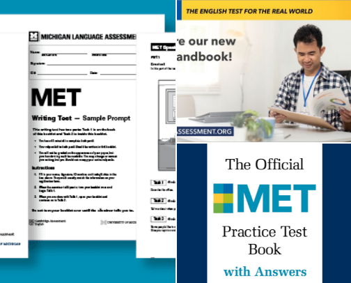 Free PDF - MET Test Grammar, Reading, and Writing Practice Tests: with Grammar and Reading Exercises and Michigan English Test Essay Samples exam study set cover photo collage