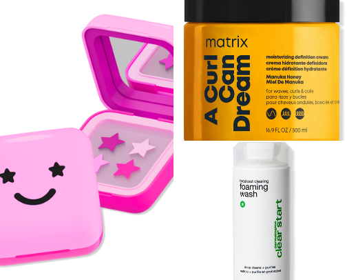 A millennial perimenopausal woman's current beauty buys to combat breakouts, reconnect with my naturally curly hair, and other fun side effects. cover photo collage