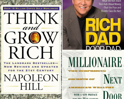 Money making, financial, and wealth books cover photo collage