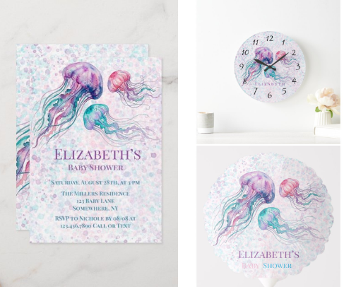 Jellyfish in Teal and Purple Girl Baby Shower cover photo collage