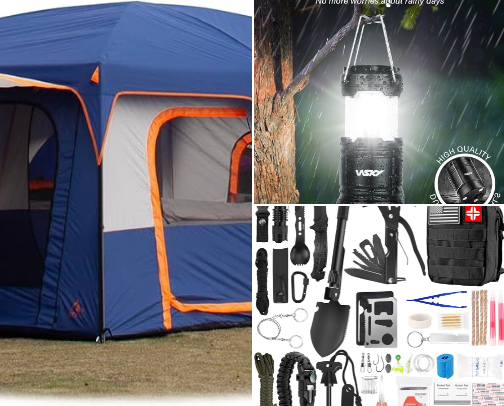 Camping equipment cover photo collage