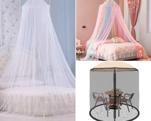Mosquito nets,bedsheets, insect repellent and bug spray for home or camping. cover photo collage