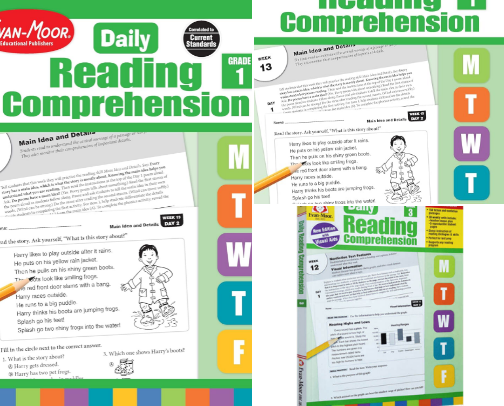 Free PDF - Evan-Moor Daily Reading Comprehension, Grade 2 - Homeschooling & Classroom Resource Workbook, Reproducible Worksheets, Teaching Edition, Fiction and Nonfiction, Lesson Plans, Test Prep guide cover photo collage