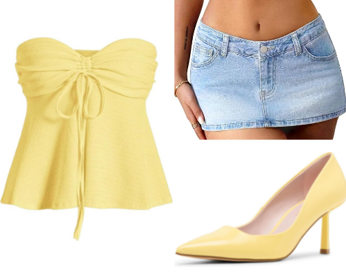 Cute Summer Outfit – Yellow Top & Light Wash Denim Skirt cover photo collage