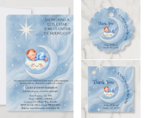 Baby Boy Shower Invite Moonlight Stars Watercolor cover photo collage