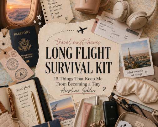 ✈️ Long Flight Survival Kit: 15 Things That Keep Me From Becoming a Tiny Airplane Goblin cover photo collage