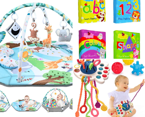 Baby toys to train fine motor sensors cover photo collage