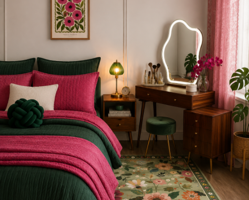 Raspberry & Green Bedroom Makeover cover photo collage