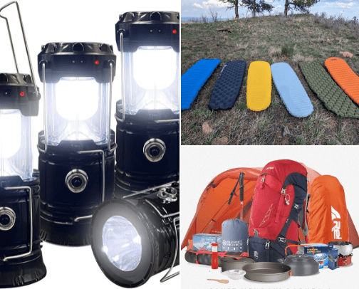 camping equipment or vacation and staying outdoors cover photo collage