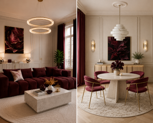 UNIVERS VELOURS | DÉCORATION BORDEAUX, BEIGE & DORÉ cover photo collage