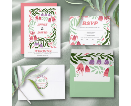 Bohemian Romance: Retro Floral Wedding. Invitations and more cover photo collage