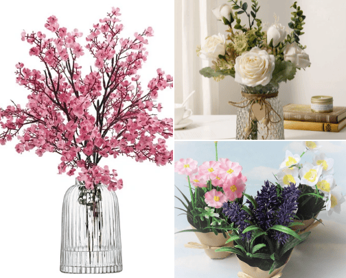 Artificial flowers cover photo collage