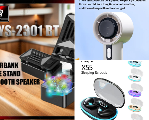 Speaker,earpads, power bank cover photo collage
