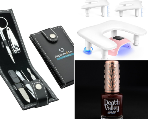 Essential manicure products include tools for shaping files and buffers cuticle Carol nippers pushers oil and polish applications base coat lacquer top coat along with acetone resistant bows for soaking kids often include strengthening treatment hand creams and UV LED lamps for gel services key items for beginners or files nippers and high quality polishes cover photo collage