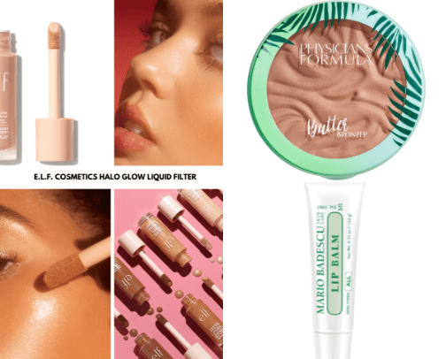 Everyday makeup items cover photo collage