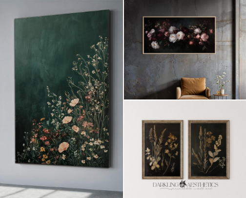 Moody Vintage-Inspired Botanical Art Prints for Elegant Interiors cover photo collage