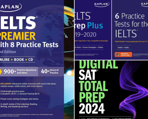 Read Online - IELTS Prep Plus: 6 Academic IELTS + 2 General IELTS + Audio + Online (Kaplan Test Prep) study companions cover photo collage