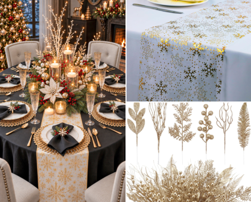 Elegant Black & Gold Christmas Table Decor cover photo collage
