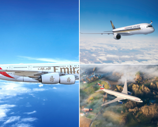 Top airlines for long and short distances from expensive high quality to cheap and good value. cover photo collage