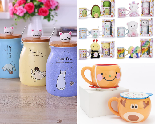 Adorable tea and coffee cups cover photo collage