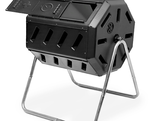 Outdoor 37 Gallon Elevated Dual Chamber Tumbling Garden Composter Bin cover photo collage