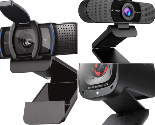 Video call kit: webcams, a light, headsets and a speakerphone cover photo collage