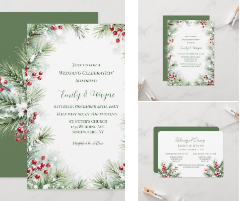 Winter Pine & Red Berry Wedding cover photo collage
