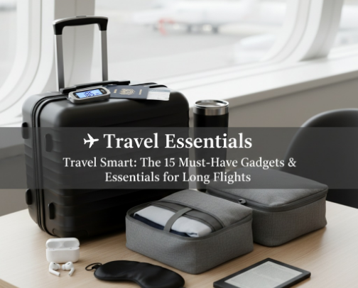 ​✈️ Travel Smart: The 15 Must-Have Gadgets & Essentials for Long Flights cover photo collage