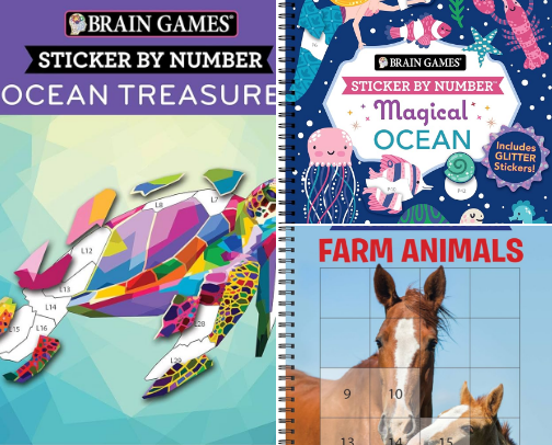 Read Now - Brain Games - Sticker by Number: Ocean Treasures (13 Images to Sticker) cover photo collage