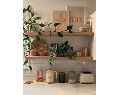 Warm & Modern Kitchen with Open Shelving cover photo collage