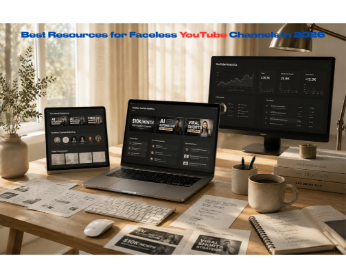 Best Resources for Faceless YouTube Channels in 2026: AI Content, Thumbnails & Creator Branding Toolkit cover photo collage