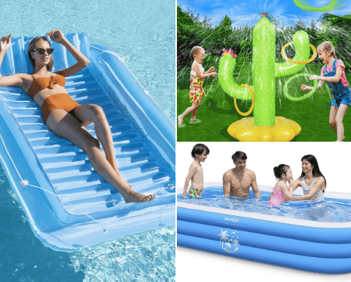 Summer Water actives with blowup pools, floats, toys cover photo collage