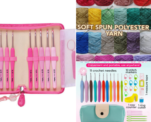Yarns, hooks and needles for crochet cover photo collage