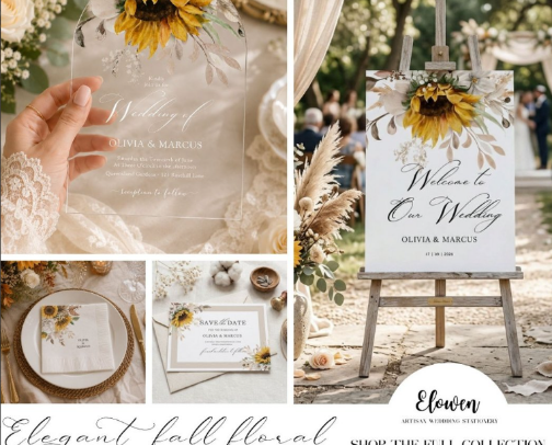 Elegant Fall Floral Wedding Collection – Sunflower & Wildflower Watercolor Wedding Stationery Suite cover photo collage