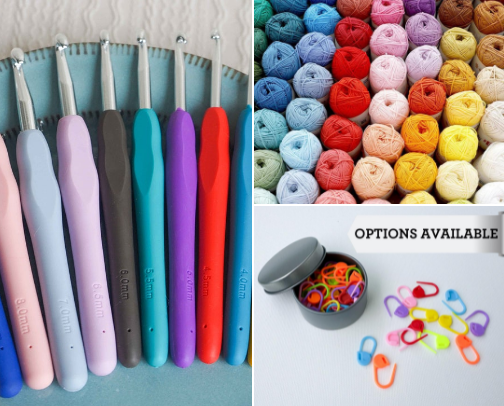 “Crochet Beginner Essentials 2025 – Tools, Yarns & Must-Have Accessories” cover photo collage