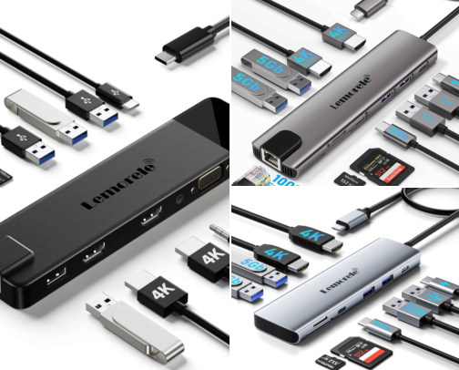 Lemorele USB-C docks and hubs by screen setup: two-screen docks, single-HDMI hubs and a KVM switch cover photo collage