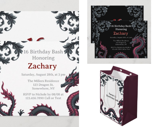Whimsical Black Red Dragon Sweet 16 Birthday Party cover photo collage