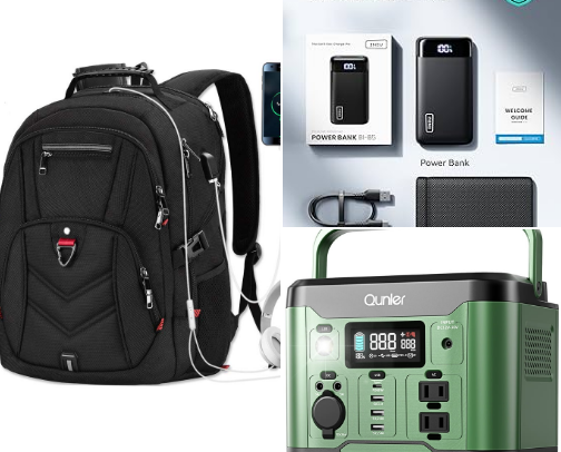 Backpacks, portable chargers, and other travel accessories. cover photo collage