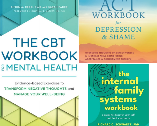 Mental Health Workbooks for Anxiety, Depression, & Trauma cover photo collage