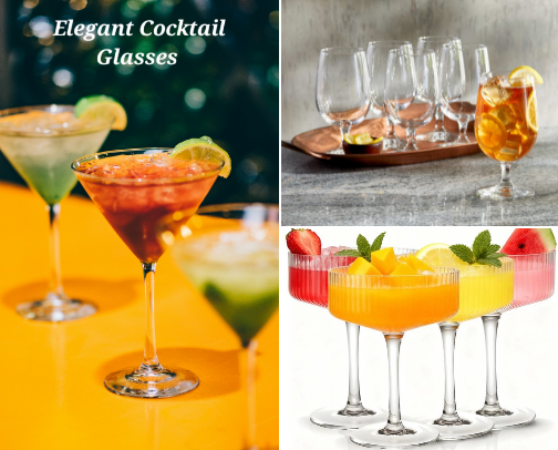 A Collection of Elegant Cocktail, Mocktails, Champagne, Wine Glasses cover photo collage