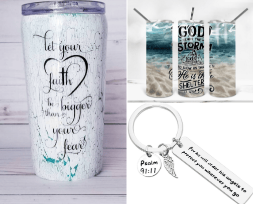 Christian Tumblers, Tumbler Wraps, Keychains, and Decor cover photo collage