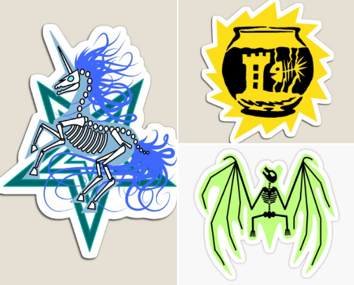2026 Skelto Pets animal skeleton design T-shirts, Stickers, and Magnets. Skelto Bat skeleton. Skelto Fish skeleton. Skelto Unicorn skeleton. cover photo collage