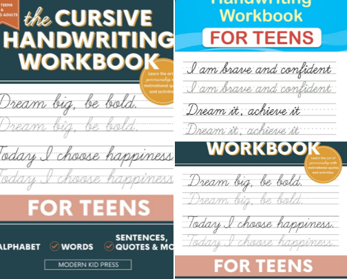 Download - Skill-building set with The Cursive Handwriting Workbook for Teens: Learn the Art of Penmanship in this Cursive Writing Practice book with Motivational Quotes and Activities for Young Adults and Teenagers cover photo collage