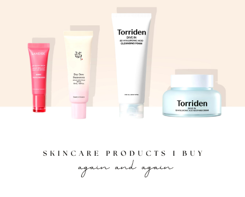 Skincare products I buy again and again! cover photo collage