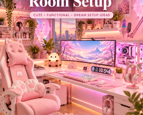 Pink Gaming Room Setup: Cute Gaming Desk, PC & Accessories 🎀🎮 cover photo collage